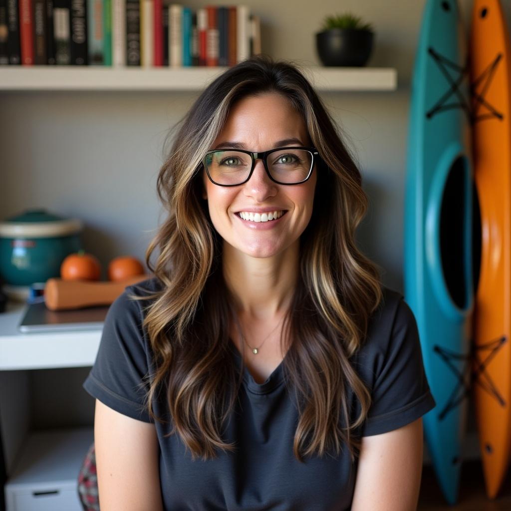 Full-length image of a woman with long dark brown hair and gray streaks. She has hazel eyes. Wearing a casual outfit. Home office background with plants and a kayak. Artsy and sporty style. Emphasizes creativity and fitness activities.