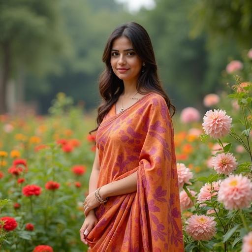 A woman in traditional South Asian dress stands in a vibrant garden. Many blooming flowers are in the background. Soft natural lighting enhances the scene.