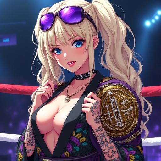 Anime character in a martial arts arena. Woman with frosted blue eyes and large blonde pigtails. Wearing a modern Mardi Gras ninja kimono. Displays a sadistic grin. Half Japanese half Saiyan. Holds a diamond encrusted championship belt. Bright, colorful tattoos on arms. Glossy and futuristic design elements. Night setting with arena lights.