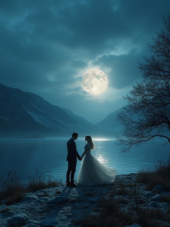 A romantic couple holding hands in a moonlit Norwegian landscape. Surreal elements and fantasy aesthetics enhance the scene. The couple is silhouetted against a bright full moon with mountains in the background.