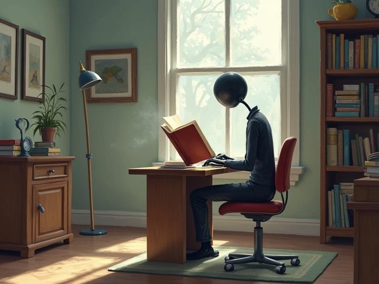 A stickman seated on a chair at a desk reading an economics book. The setting includes a window and bookshelves. The atmosphere is calm and inviting.