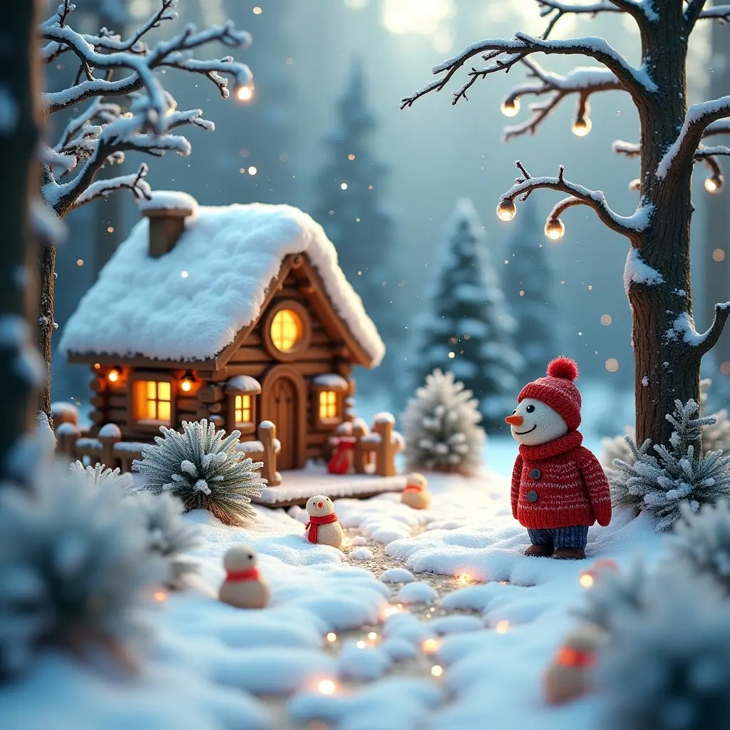 A knitted winter wonderland scene with a snowman wearing a red sweater standing in front of a cozy cottage. The landscape is covered in snow with glowing lights and surrounded by evergreen trees.