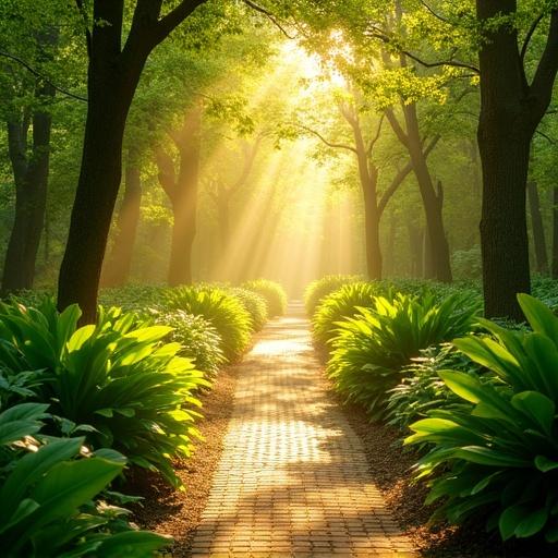 A sunny pathway surrounded by tall green plants. Sunlight radiates through the trees creating an enchanting atmosphere. The pathway is made of bricks leading into a lush forest. Warm rays of light beam onto the scene highlighting vibrant greenery. This setting evokes peace and tranquility inviting imaginative walks in nature.