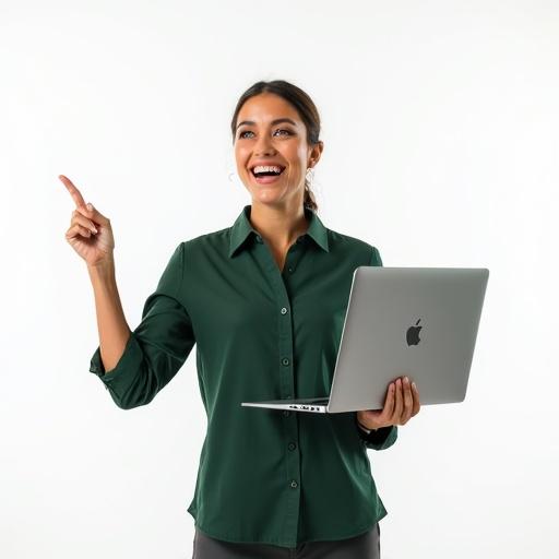 Portrait of an enthusiastic young woman against a white background. She wears a dark green shirt. A laptop is in her left hand. She points at the screen with her right hand. Her expression is bright and engaged. The background is clean and highlights her energy.