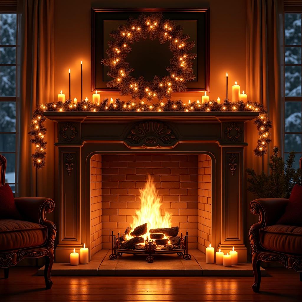 Cozy fireplace decorated for Christmas with burning ambers and soft candlelight. Warm atmosphere ideal for holiday gatherings. Features garlands and a wreath on the mantle.