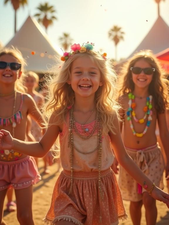 High-energy scene of children at a playful music festival. Warm glowing tones and magical vibes. An exuberant blond girl dances in the center, surrounded by boys and girls aged 5-8. Confetti fills the air, hints of glitter catch sunlight. Colorful boho-chic outfits with flower crowns and playful patterns. Whimsical tents, string lights, palm trees in the background. Golden-hour lighting with radiant highlights. The atmosphere is joyful, magical, and full of movement.
