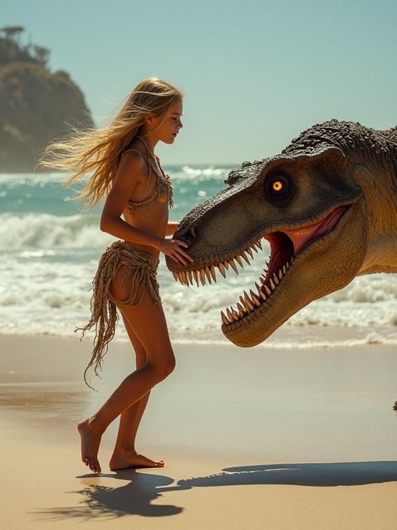 A young tribal girl dances on a sandy beach with a dinosaur. She has long blonde hair and tanned skin. The dinosaur is large with a toothy muzzle. They are together under bright sunlight. Waves crash in the background, creating a serene scene.