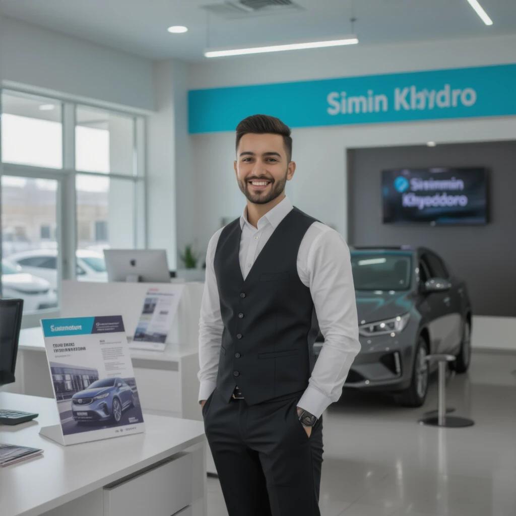 Young energetic manager of Simin Khodro car dealership stands in a modern showroom dressed in formal attire. Emphasis on providing excellent customer experience and support. Showcase of car models in the background.