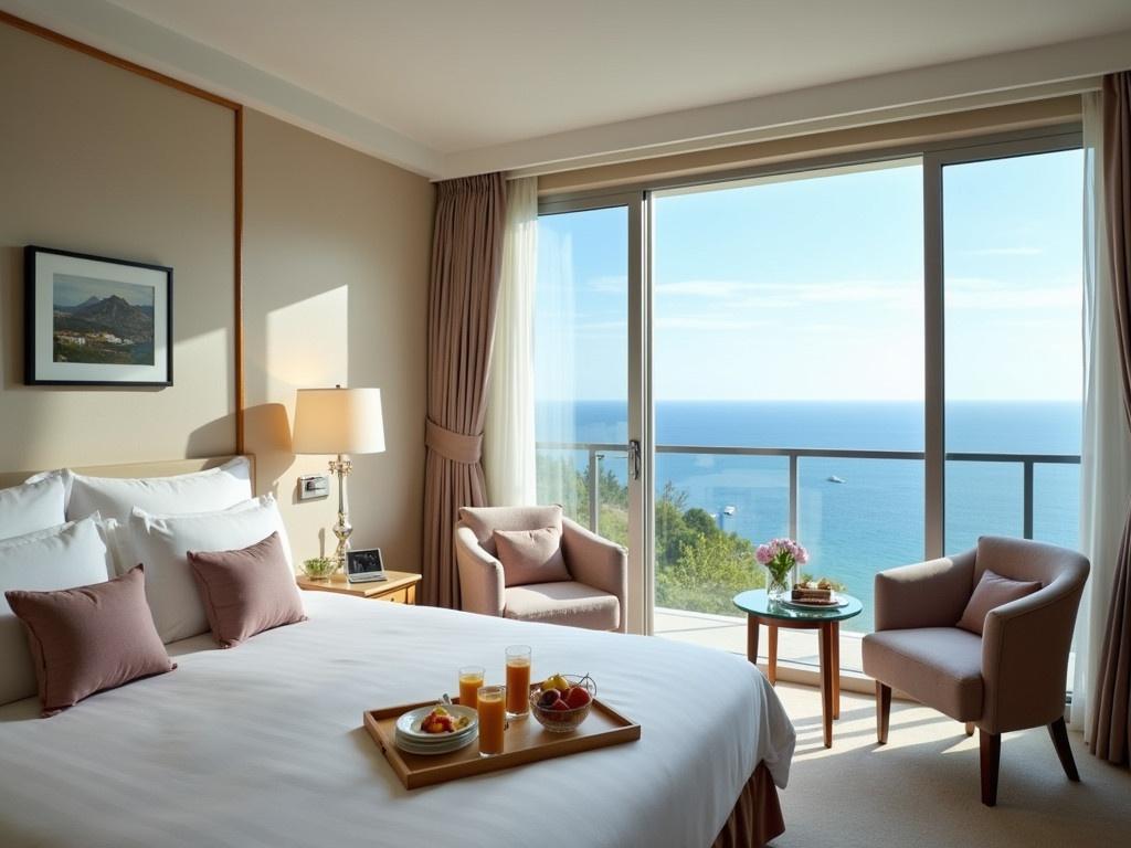 A modern hotel bedroom featuring a beautiful sea view. The room includes a comfortable bed adorned with soft pillows and elegant decor. Beside the bed, there is a tray with breakfast items, including fresh fruit and juice. A stylish armchair sits next to a small table, creating a cozy reading nook. Large windows allow natural light to flood the room, enhancing the serene atmosphere.