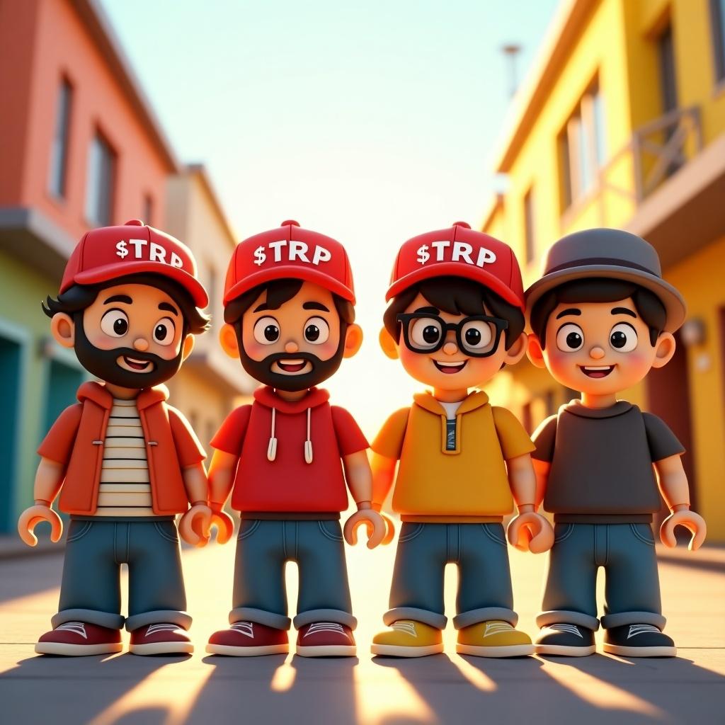 Group of animated teenage boys wearing red baseball caps called $TRP. Two have beards, one wears glasses, and another has a trendy hat. Background is vibrant and toy town-like with warm sunlight. Characters designed in Lego-inspired style, appealing to children.