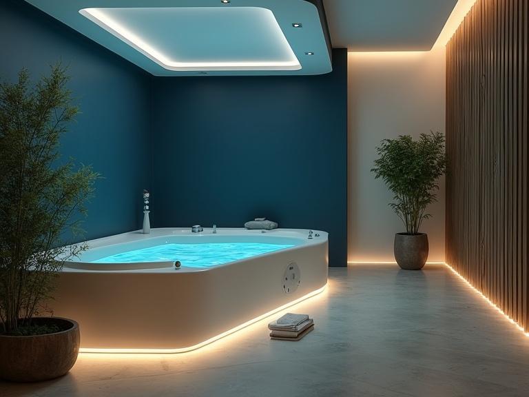 Photography of a large private room in a spa center featuring a closed floating tank. Zen atmosphere with cinematic lights. Dark blue walls, cream white surfaces, green plants, and dry wood elements.