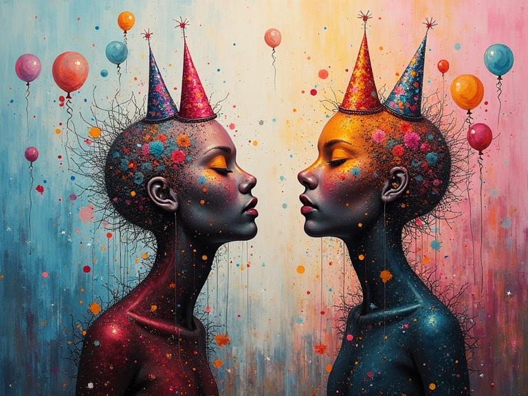 Artwork depicting two headless figures facing each other. Both figures wear colorful party hats. Background includes balloons and confetti. Themes of joy and confusion explored through surreal elements.