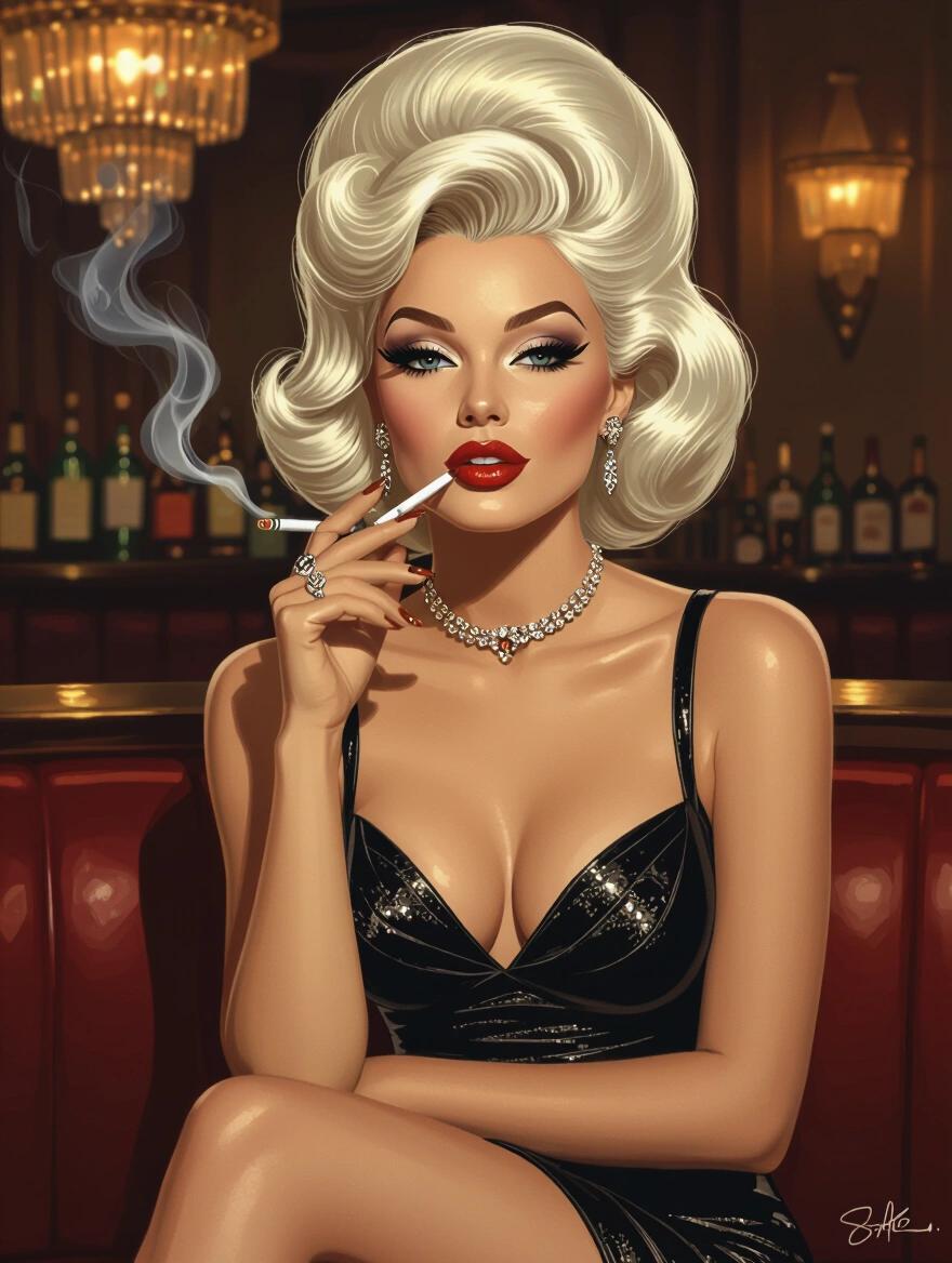 1960s woman with platinum blonde beehive hairstyle looking at viewer. She wears a gogo dress and high heels while smoking a cigarette. Flawless makeup with heavy winged eyeliner and ruby red lipstick. The setting is a glamorous Las Vegas nightclub with elegant decor.