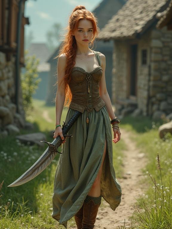Teenaged girl walks through medieval village. She has long auburn hair in a ponytail. She wears a sleeveless corset dress with a split skirt. She carries a broken sword with a unique cross guard. The atmosphere has a high fantasy aesthetic.