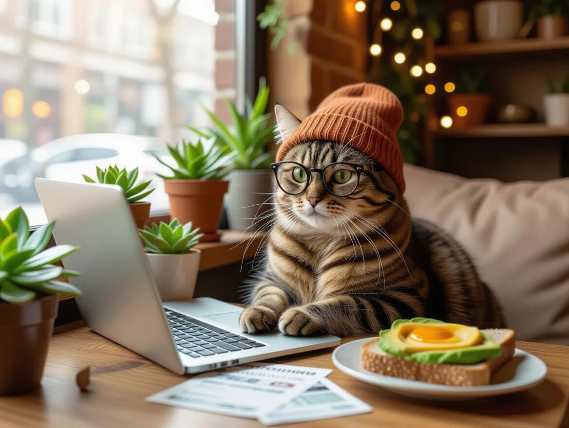 A hipster cat with thick-rimmed glasses sits in a cozy coffee shop corner. The laptop displays social media pages. Surrounding the cat are several succulent plants and fairy lights. The cat is enjoying avocado toast on the table. A beanie is worn on its head while student loan bills lie scattered nearby. The scene conveys a warm indie aesthetic with an Instagram-worthy composition. The details are highly intricate with soft natural lighting.
