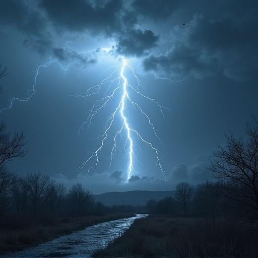 Dramatic scene with lightning illuminating a dark stormy sky over a winding river in a landscape with trees.