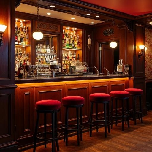 Interiors of a bar create a romantic nostalgic ambiance. Features a wooden bar counter with high stools and warmly lit shelves filled with glassware. Elegant decor includes deep red walls and ornate wall sconces.