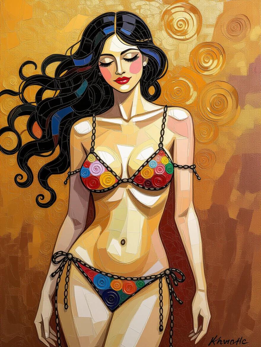 A 3D Klimt inspired textured impasto painting. A woman in a string bikini with delicate straps and chains represents independence. The background features swirling brushstrokes.