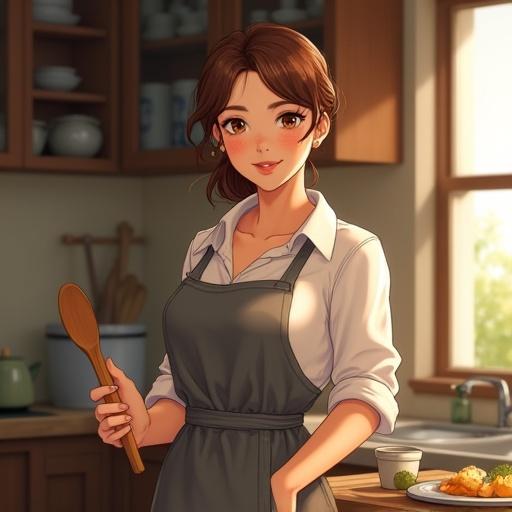 Semi-realistic portrait of woman in warm kitchen. Woman in her early 30s with gentle expression. Chestnut brown hair tied back. Wearing fitted apron over modest long-sleeve dress. Holding wooden spoon. Soft smile. Cozy atmosphere with sunlight through the window. Ultra-detailed and cinematic lighting.