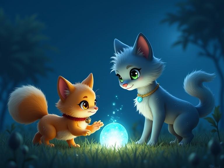 Two animated cats interact in a moonlit meadow. One has neon-orange fur with glowing galaxy speckles and a red collar. The other has sleek silver fur with a moon pendant. They approach a glowing blue seed together.