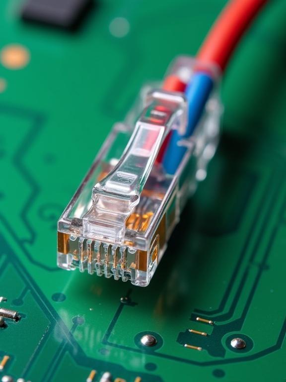 Twisted wire in blue and red colors resembling cat6 LAN cable on a green printed circuit board. Close-up of a transparent connector plugged into the board with visible circuitry.