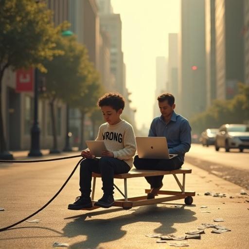 Scene in a quiet sunlit city street during summer with a hazy atmosphere. Scattered hundred-dollar bills on the ground. Tall buildings with glass facades and empty surroundings. A young boy around 7 years old wearing a cream knit sweater with the text 'WRONG' is pulling a heavy wooden sled using a taut rope. On the sled are two adults in business attire, focused on their laptops. Background includes distant parked cars and urban skyline with subtle warm fog. Light is warm golden with soft shadows. Style is photorealistic with shallow focus and natural motion tension.
