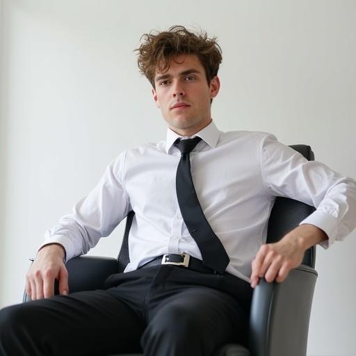 Image features a young man in a white office room. He has messy brown hair and a young face. He is slouching on a large office chair with one arm resting on the hand rest. He wears a buttoned unbuttoned white shirt black trousers and a black tie. The image evokes a feeling of being tired and unprepared.