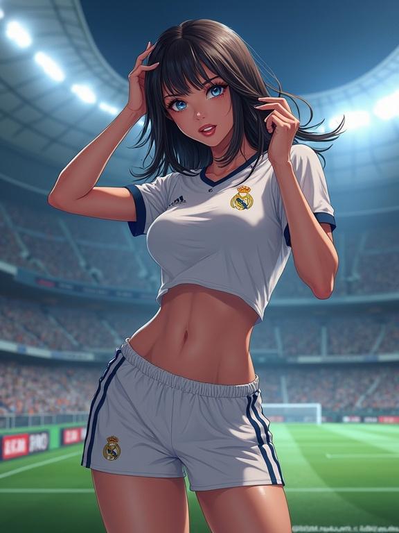 Digital anime illustration of a 20-year-old woman in a cropped Real Madrid women's jersey. She has long hair and blue eyes. A soccer field in the background. The lighting creates intimate shadows on her figure.