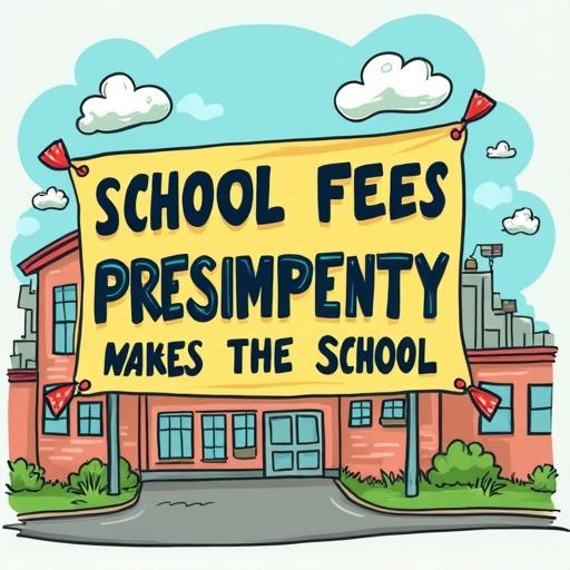 Generate a cheerful banner featuring the phrase about paying school fees. Use bright colors and a school building in the background. Include smiling clouds for a positive touch.