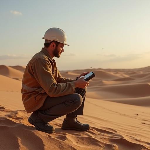 A man in work attire sits in a vast desert landscape at sunset. He uses a tablet device while wearing a safety helmet. The desert is expansive with golden hues. An arid environment reflects the oil industry setting.