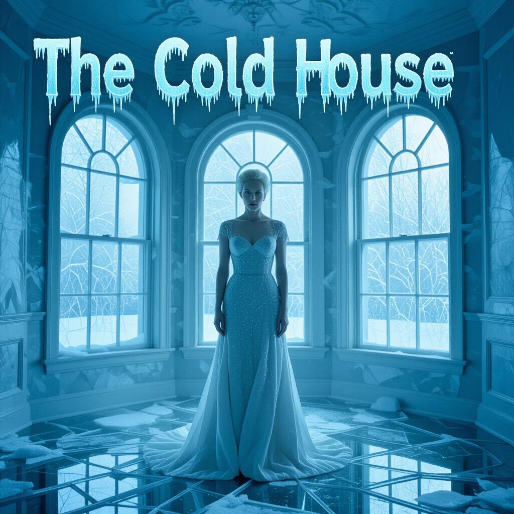 Movie poster for The Cold House features Tilda Swinton in a stunning icy gown. Ornate glass mansion background. Title has frost details. Blue lighting adds drama.