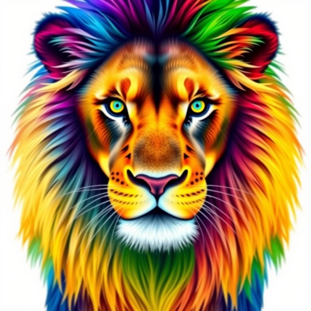 A vibrant, digitally illustrated lion with a rainbow-colored mane, capturing a surreal and artistic depiction of the majestic animal with bright and vivid colors, frontal view, designed for impact and creativity.