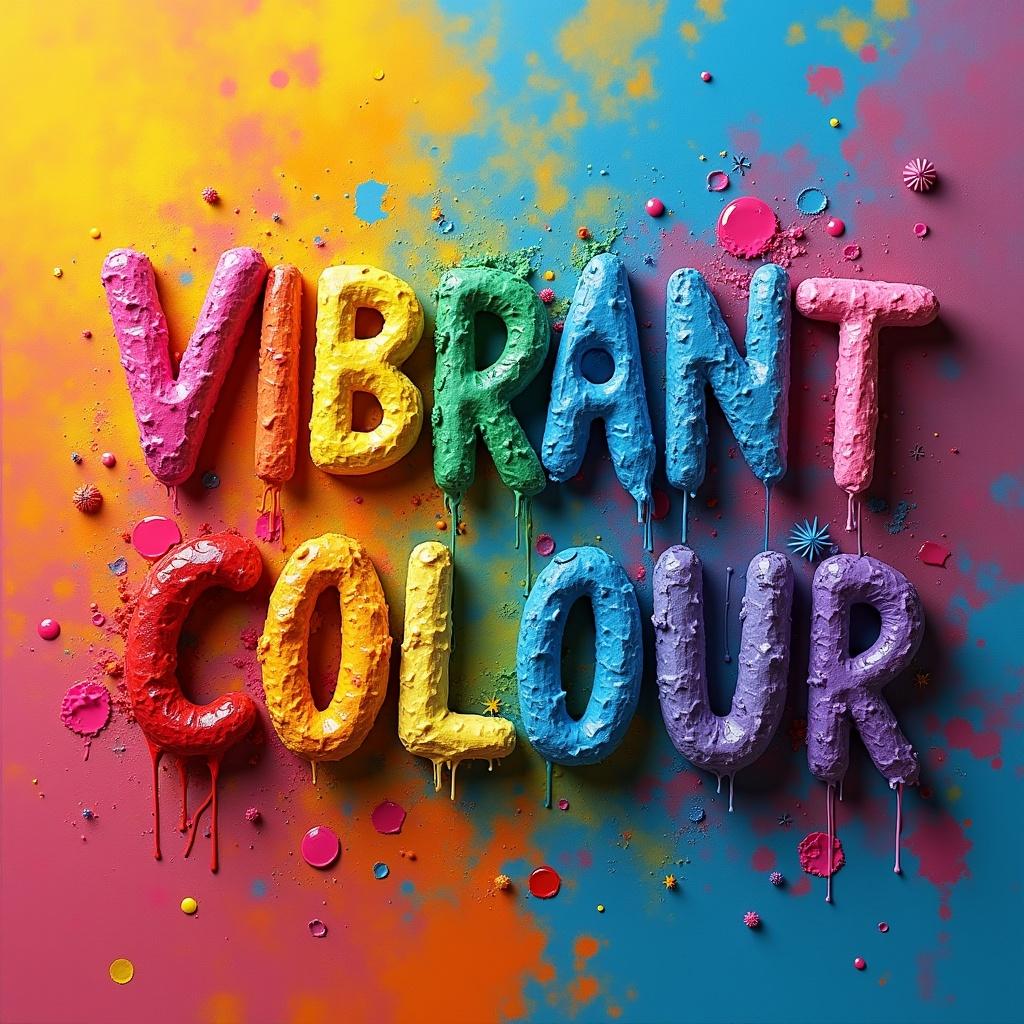 Image of the words 'VIBRANT COLOUR' presented with colorful, textured letters dripping paint against a bright background.