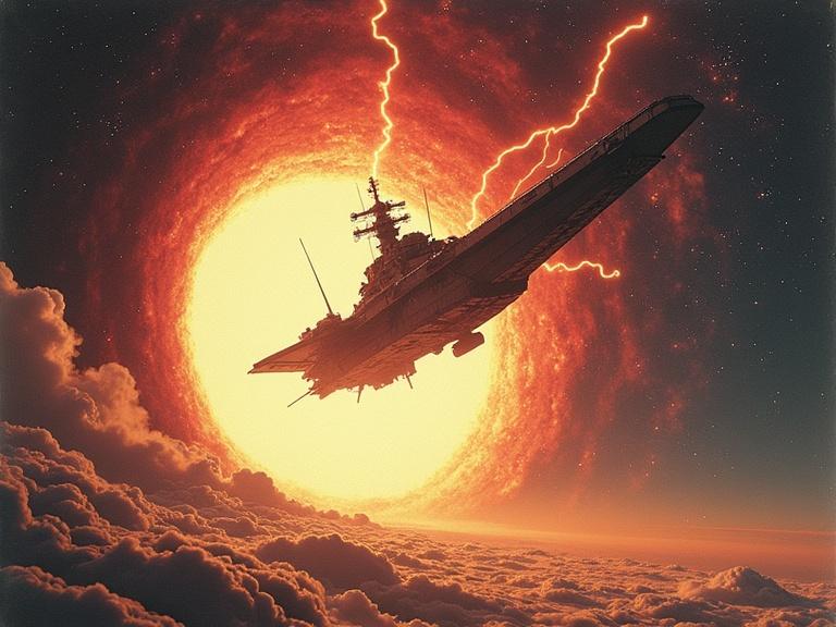 Vintage sci-fi movie poster featuring a warship disappearing into an energy portal. Dramatic font style enhances the presentation. Background includes stars and lightning with a retro style. The scene evokes a mysterious and surreal atmosphere.
