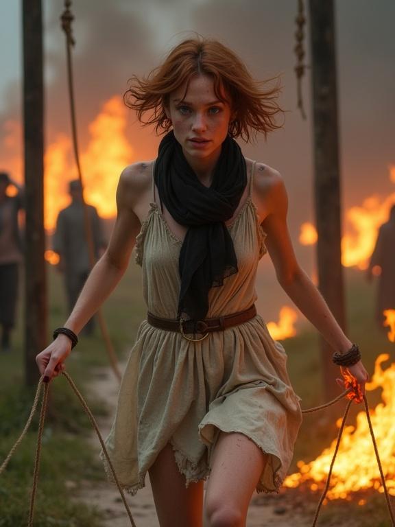Photorealistic image of a young woman with short chopped auburn hair and pale skin. She has freckles and pale blue eyes. Dress is torn and tattered. She's running from a burning gallows platform. Burning ropes hang from her wrists. A black scarf is around her neck. Flames are violet and deep, enveloping her hands. Full body shot with panicking people in the background.