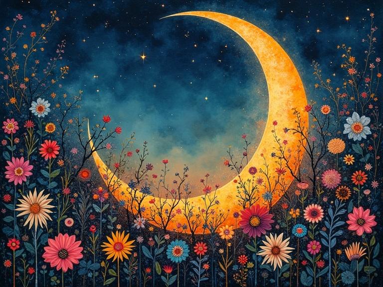 A large glowing crescent moon surrounded by colorful flowers against a starry sky. The scene is vibrant and whimsical with intricate details. The flowers vary in type and color, adding to the enchanting atmosphere. The moon illuminates the scene with a warm golden hue, contrasting against the cooler evening colors.