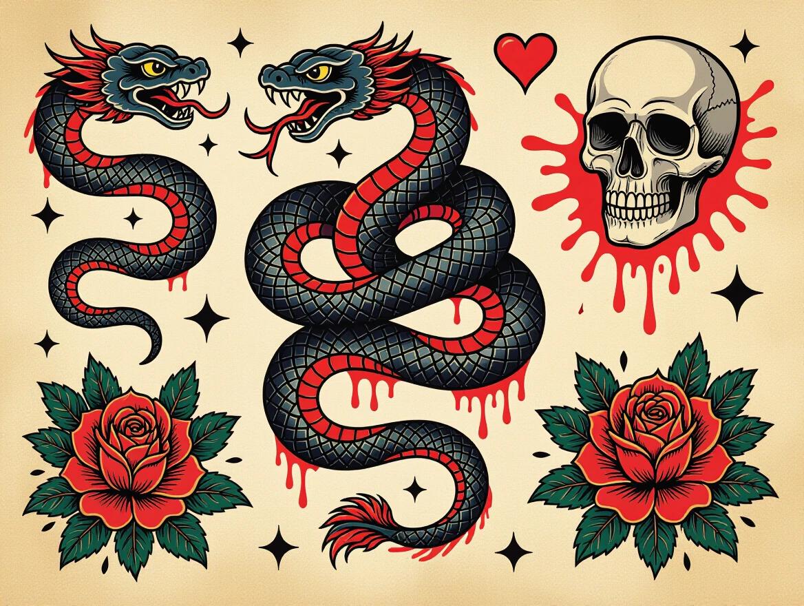 Vibrant flash tattoo sheet with classic motifs. Features serpents, hearts, flowers rendered in bold colors. Dynamic brushstrokes and dripping ink details. Aged parchment background enhancing design elements. Edgy artistic composition with stylized outlines.