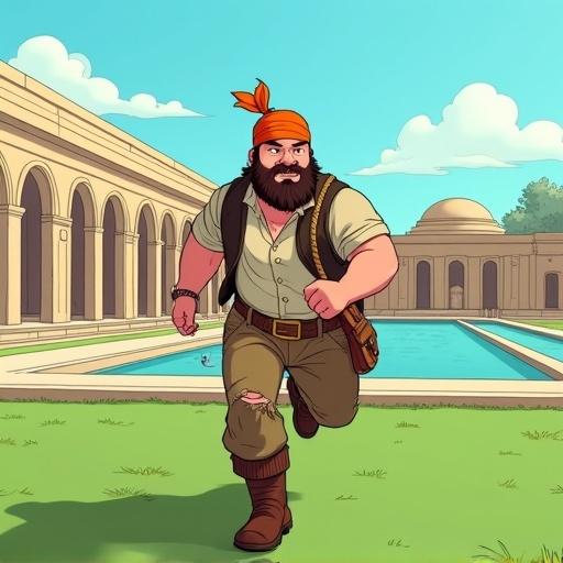 Full-body illustration of a rugged man in a Family Guy style. He has a thick beard and oversized orange bandana. Wears a light shirt, dark vest, and torn pants with a rope belt. Running towards the right with urgency, arm bent high, carrying a satchel and net bag. Background features a classical stone complex with arches and a pond on a bright day.