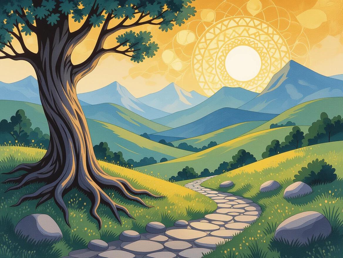 Surreal landscape in landscape orientation. Detailed ink wash foreground shows twisted tree roots and scattered stones. Midground painted with expressive gouache, featuring rolling hills and a winding path. Background highlighted in gold leaf patterns with distant mountains and a radiant sun. Strong visual depth. Grounded yet dreamlike atmosphere. Layered natural composition.