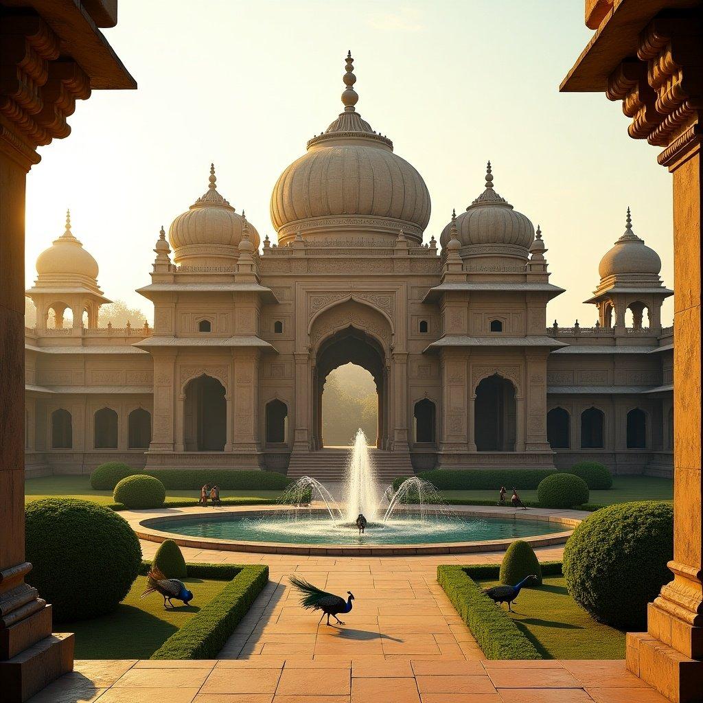 Image of a grand ancient Indian palace from the Gupta period intricately carved sandstone walls and large domes surrounded by lush gardens and fountains. Peacocks roam freely in the scene. Evening sun casts a golden glow on the structure highlighting its grandeur.