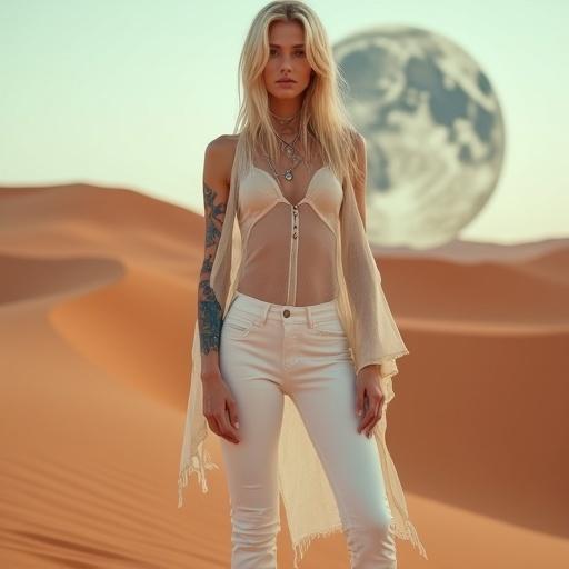 A slender woman stands on a reddish sand dune. She wears a sheer tunic and white fitted pants. Her blonde hair flows naturally. The background shows a large ringed moon in a desert setting. This image combines elegance and strength with cinematic depth.
