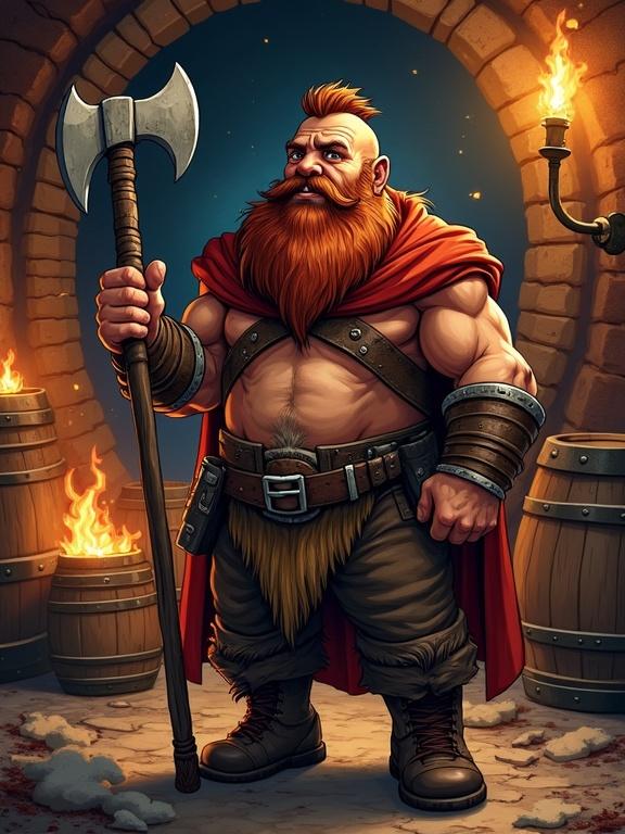 Hand-drawn comic book style featuring a muscular dwarf with a beard. The dwarf holds an axe in a dimly lit tavern. Surrounding elements include wooden barrels and flickering torches. Use vibrant colors like rusty reds and deep browns. Incorporate dynamic lighting from the fire and textured brush strokes on his skin and clothing.