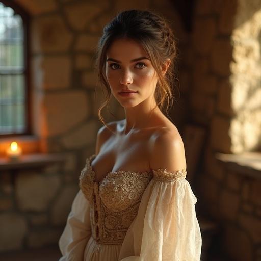 A graceful woman stands inside a rustic stone cottage. She wears an elegant medieval dress made of fine fabric with sheer layers and delicate embroidery. Dress emphasizes her slim waist and curvy figure. Soft candlelight illuminates the scene. The atmosphere is cozy and warm. Relaxed posture highlights her gentle confidence.