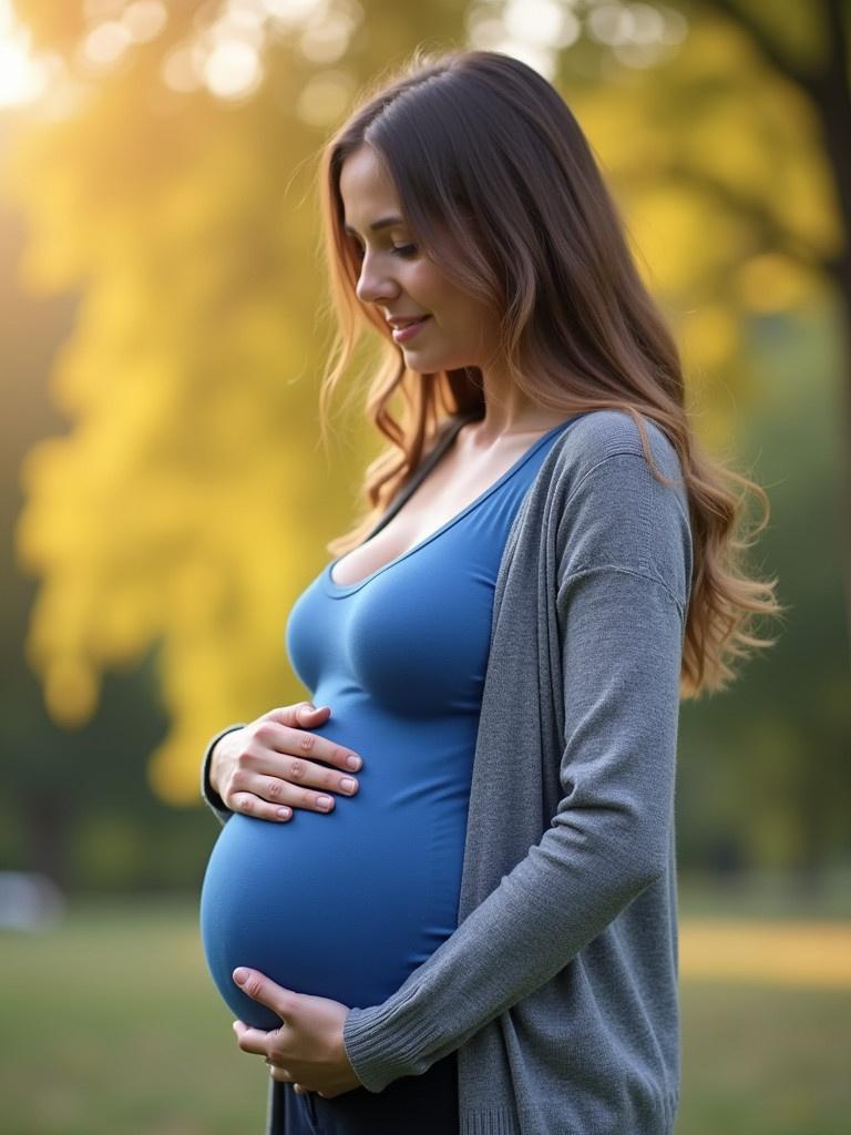 A visibly pregnant woman stands outdoors. She wears a blue top and cardigan. Hands cradle her round belly. The background is soft and blurred, with natural light creating warmth.