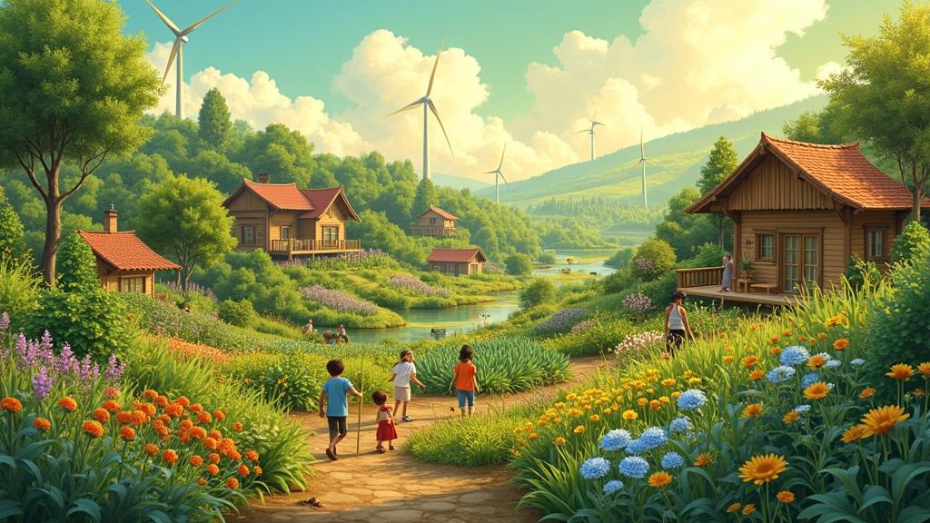 Breathtaking Solarpunk scene. Vibrant greenery and diverse crops fill the landscape. People work joyfully in the fields. Charming eco-homes and wind turbines are in the background. The atmosphere is warm with golden sunlight.