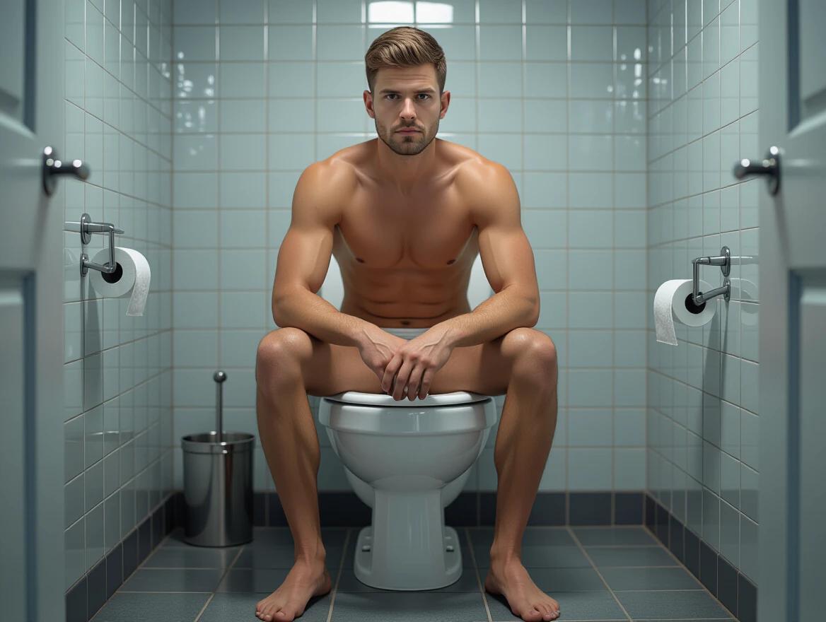 A hyper realistic image portrays a German man sitting on a toilet in a modern bathroom. Man has a muscular build and is completely nude. Bathroom features blue tiles and white fixtures. Toilet rolls are visible.