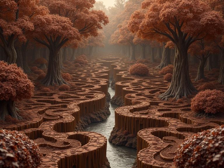 Image of an elaborate chocolate maze in Victorian style. The maze includes chocolate trees, chocolate river, waterfall, and wildlife. Dominant shades are brown and tan.