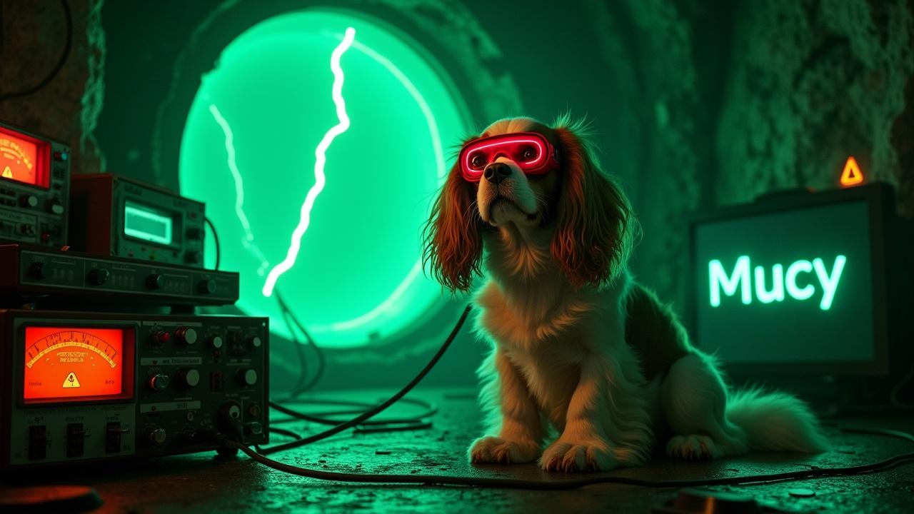 In a dark and eerie bunker, a fluffy Cavalier King Charles Spaniel sits majestically beside a glowing green portal. The dog, sporting stylish red welding goggles, adds a quirky twist to the scene. Surrounding the dog are vintage oscilloscopes and geiger counters that are lighting up with signals. The atmosphere is charged with multiple lightning bolts illuminating the space, giving it a surreal, scientific feel. The glowing green text 'Mucy' radiates from a computer screen nearby. The backdrop features various radiation warning symbols, enhancing the mystery of the environment. This image merges themes of technology, scientific exploration, and the unique bond between pets and humans.