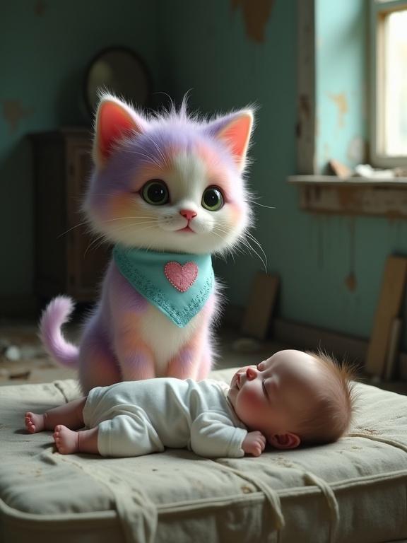 Kitten with pastel fur stands beside sleeping baby in a dim room. Kitten has large green eyes and a blue bandana. Baby is six months old, dressed in white. The room is desolate and filled with debris. Soft light filters through broken walls. Kitten watches over baby protectively.