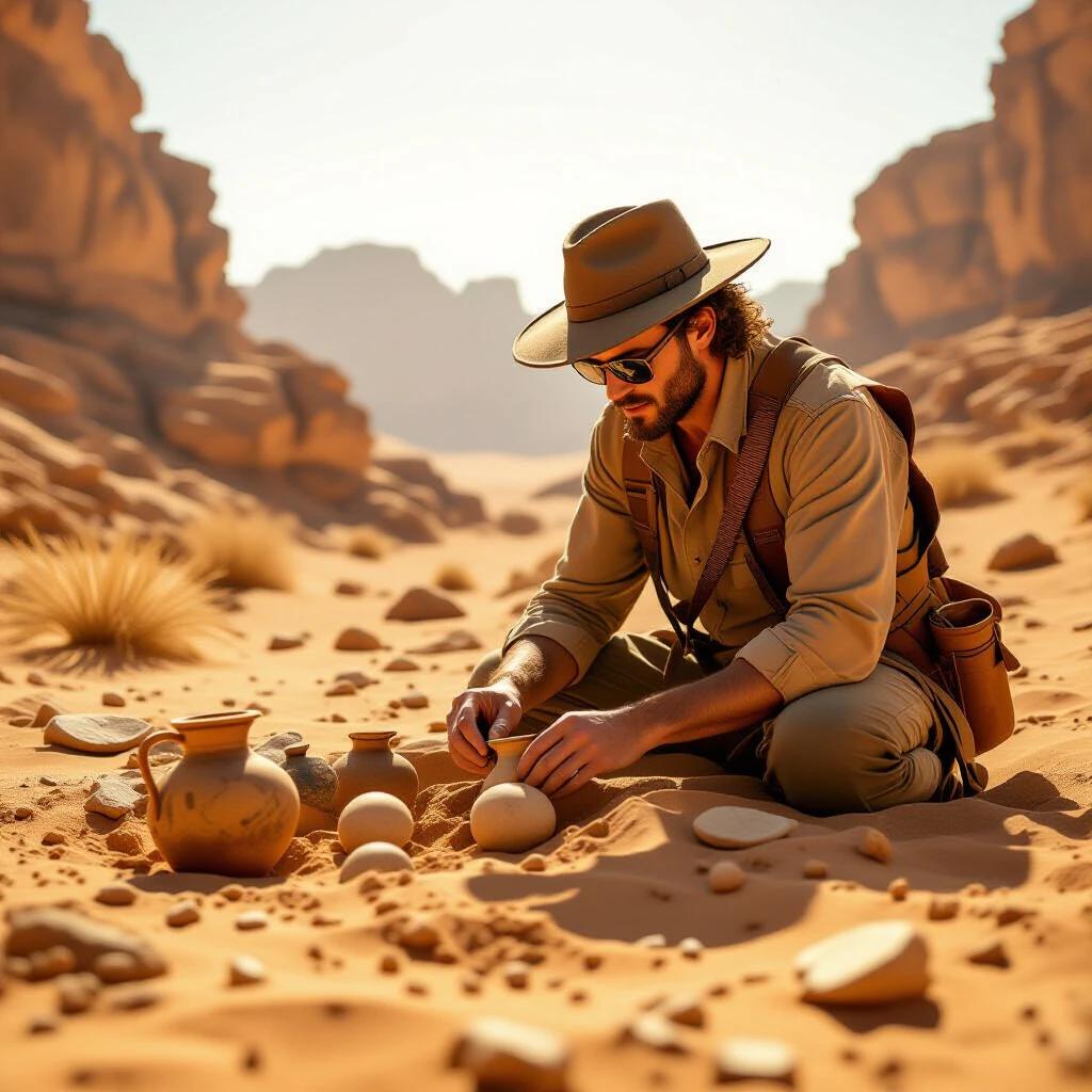 Archaeologist working in a desert. Sunlight casts warm glow on the scene. Artifacts carefully uncovered. Surrounding sandy terrain with rocks.